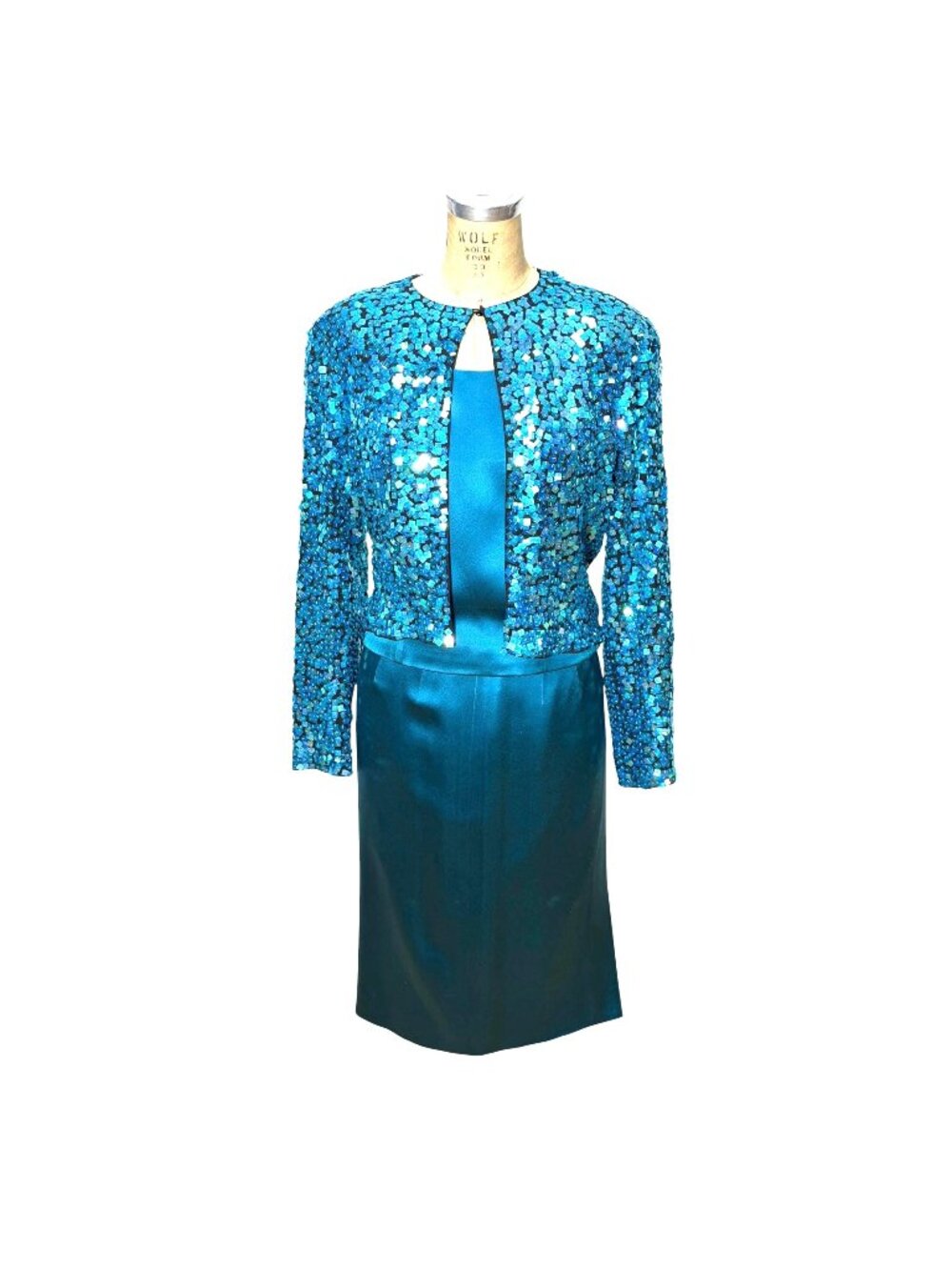 1990s Carlisle turquoise sequin jacket and silk top and skirt set Size 6/8